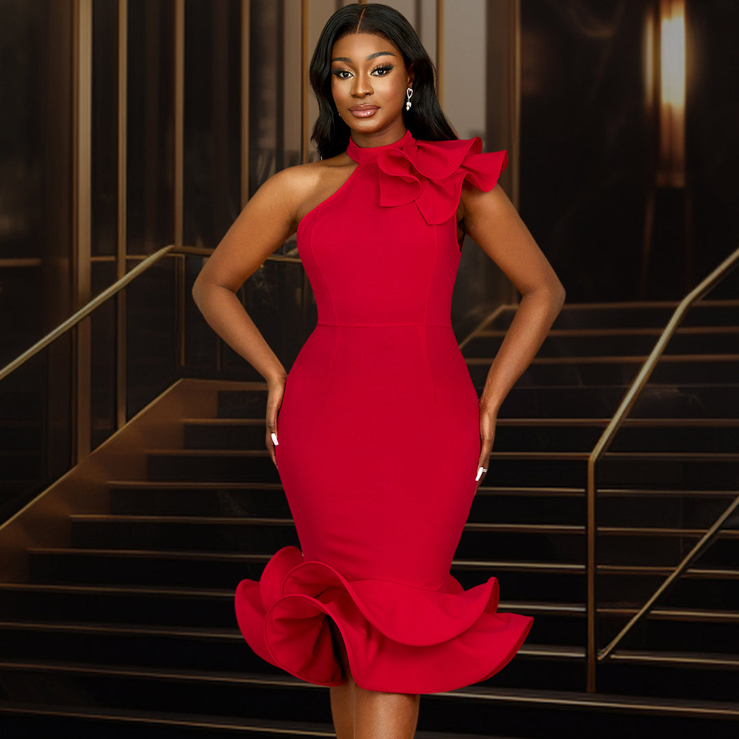 Damen Elegantes Abendkleid mit asymmetrischem Design und voluminösem Rüschenakzent R&B