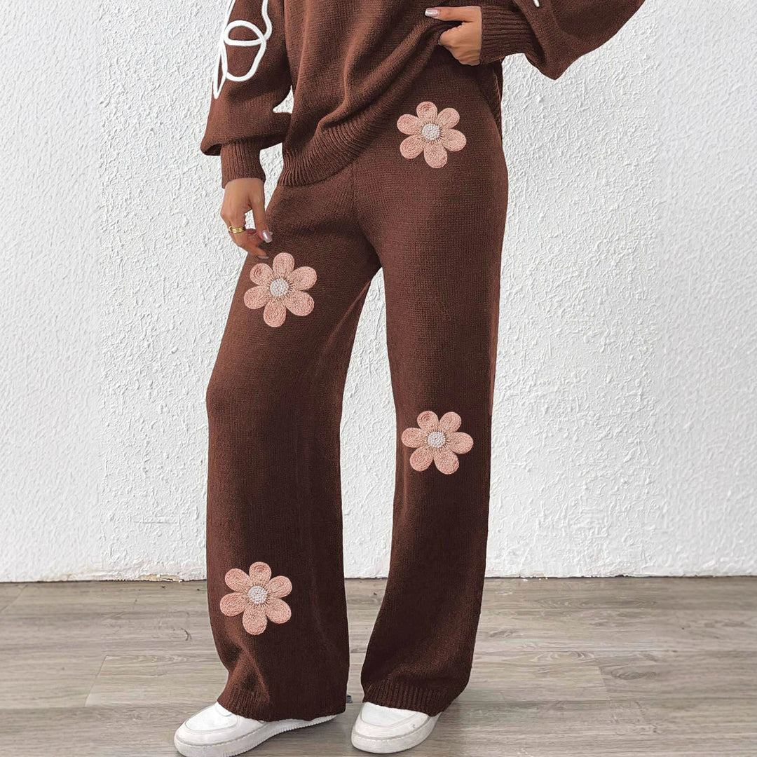 Damen lockere Strickhose mit floralen Applikationen R&B