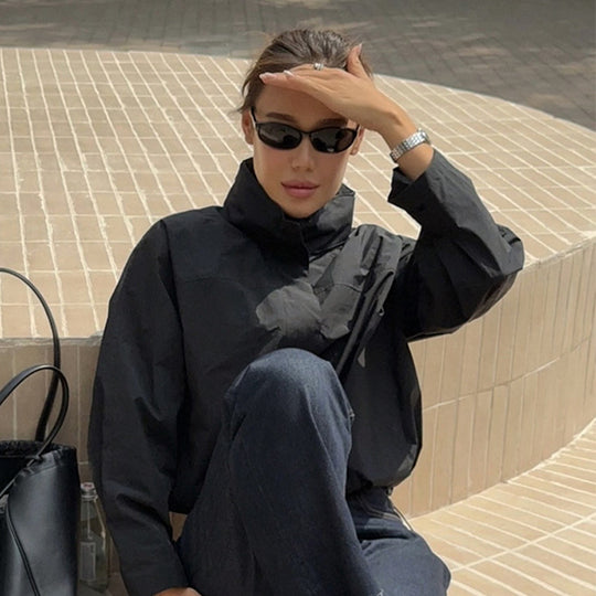 Damen lässige oversized Jacke mit hohem Kragen und verstellbarem Verschluss R&B