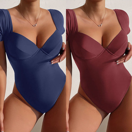 Damen Einteiler Badeanzug mit eleganten Kurzärmel und tiefem V-Ausschnitt R&B