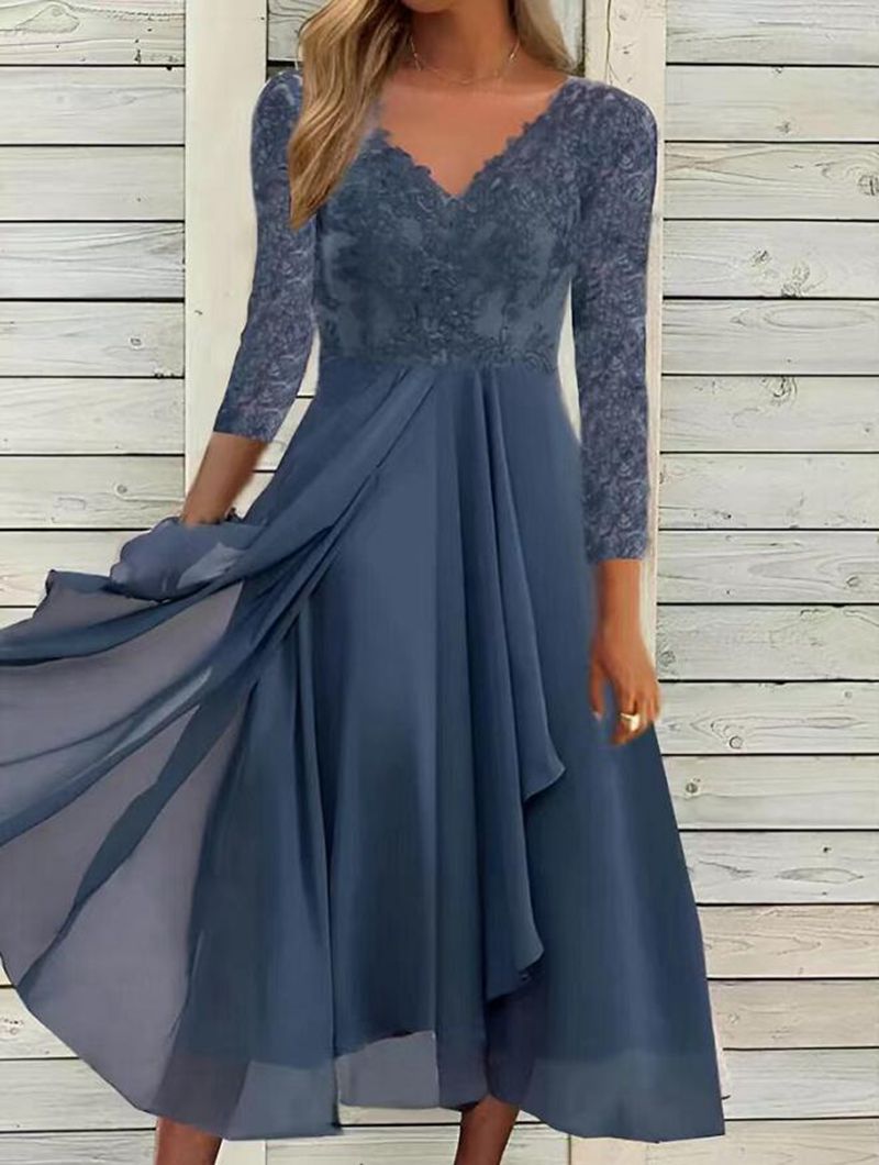Damen nan festliches Midikleid mit floraler Spitzenbüste, V-Ausschnitt und mehrlagigem Chiffonrock R&B