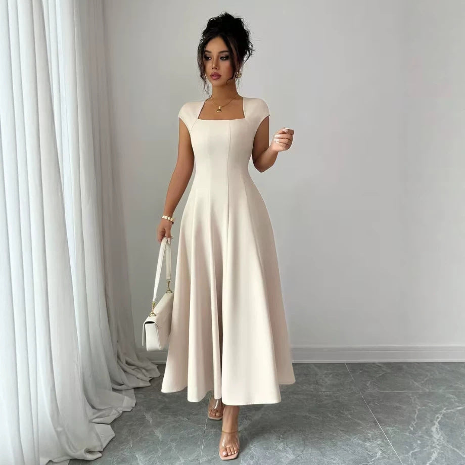 Damen Elegantes Maxikleid mit rechteckigem Ausschnitt und fließendem Rock R&B