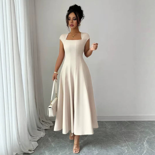 Damen Elegantes Maxikleid mit rechteckigem Ausschnitt und fließendem Rock R&B