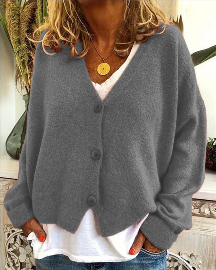 Damen lässiger Strickcardigan mit tiefem V-Ausschnitt und großen Knöpfen R&B