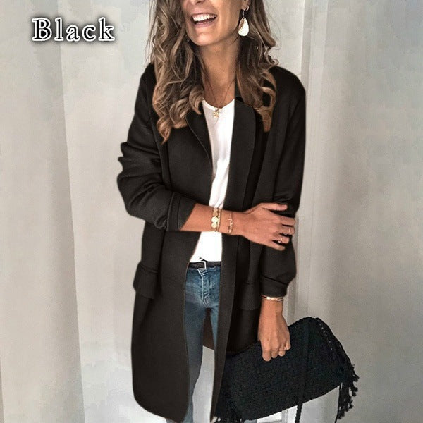 Damen stylische lange Jacke mit klassischem Revers R&B