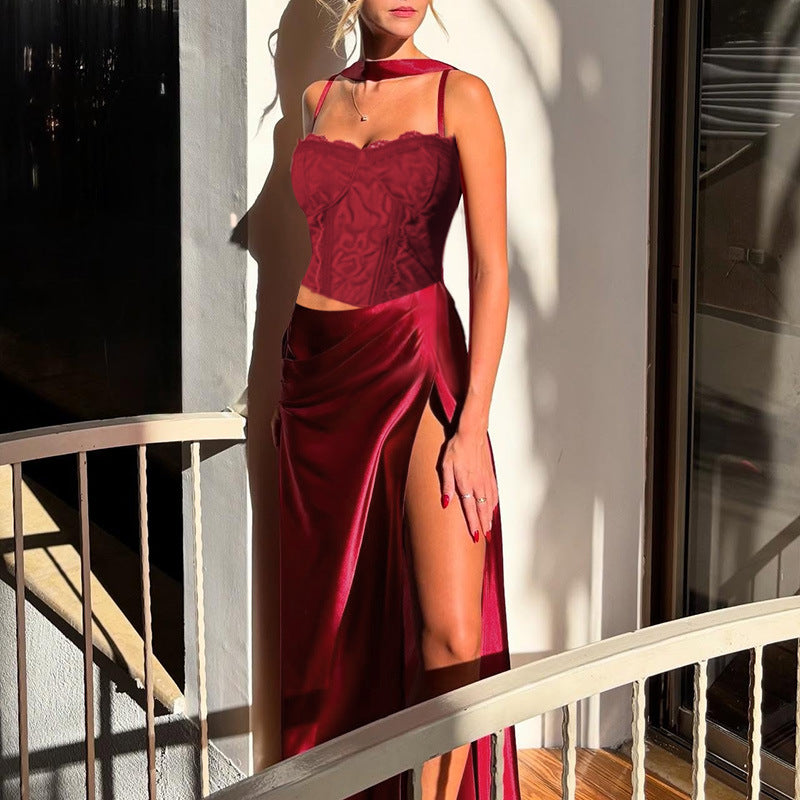 Damen elegantes Maxikleid mit Spitzenoberteil und fließendem Rock R&B