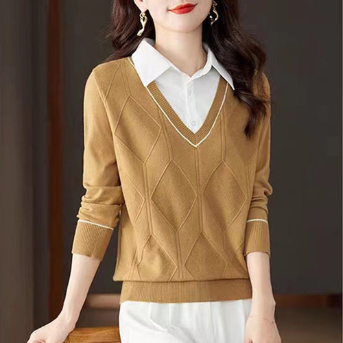 Damen gestrickter Pullover mit v-ausschnitt und strukturiertem Diamantmuster R&B