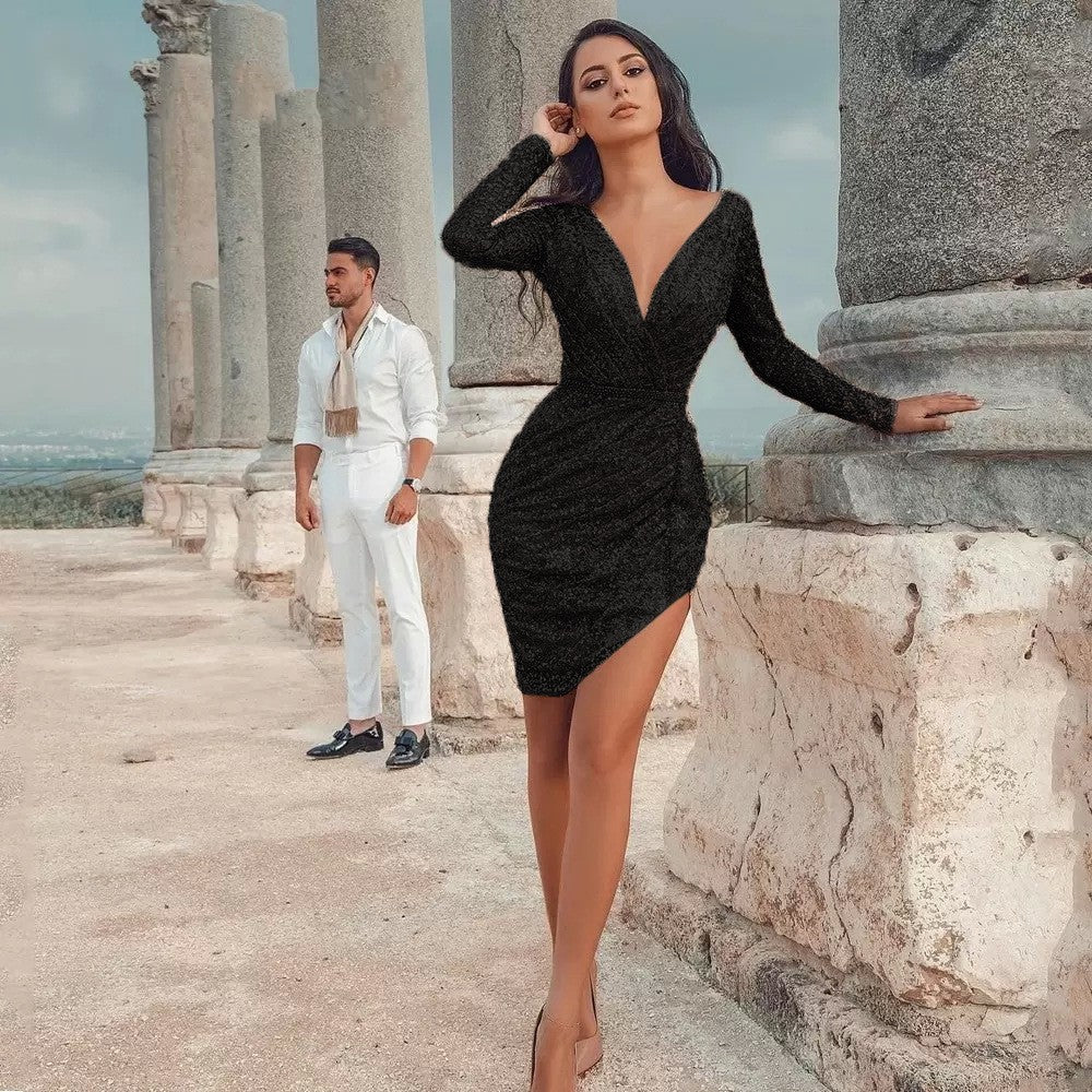 Damen Figurbetontes Glitzerkleid mit tiefem V-Ausschnitt und asymmetrischem Saum R&B