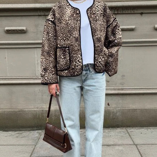 Damen Steppjacke mit Leoprint und praktischen Taschen R&B