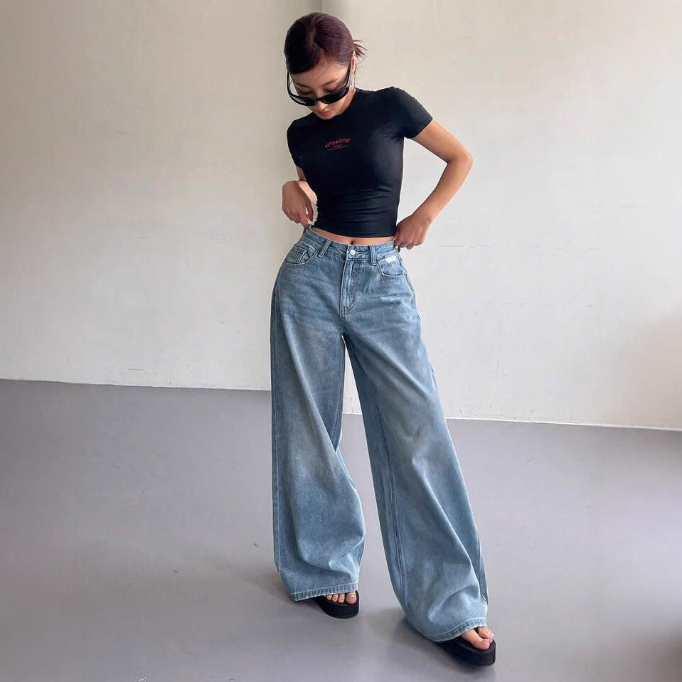 Damen Weite Jeanshose im lässigen Style mit hohem Bund und modischen Details R&B