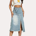 Damen Midi-Jeansrock mit hoher Taille und modischem Fransenabschluss