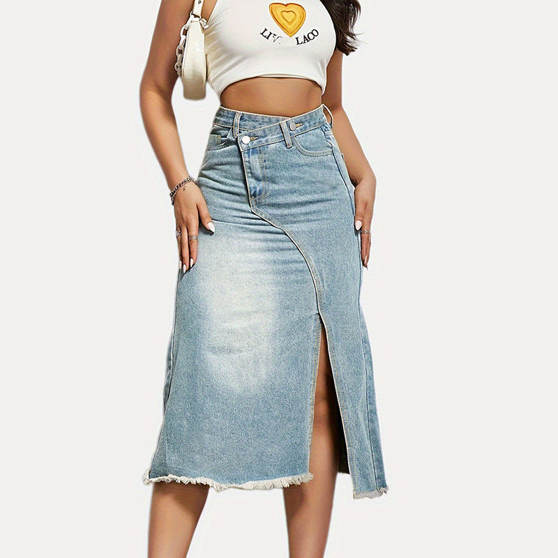 Damen Midi-Jeansrock mit hoher Taille und modischem Fransenabschluss