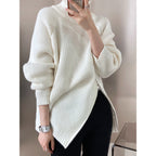 Damen lässiger Strickpullover mit seitlichem Reißverschluss und hohem Kragen R&B