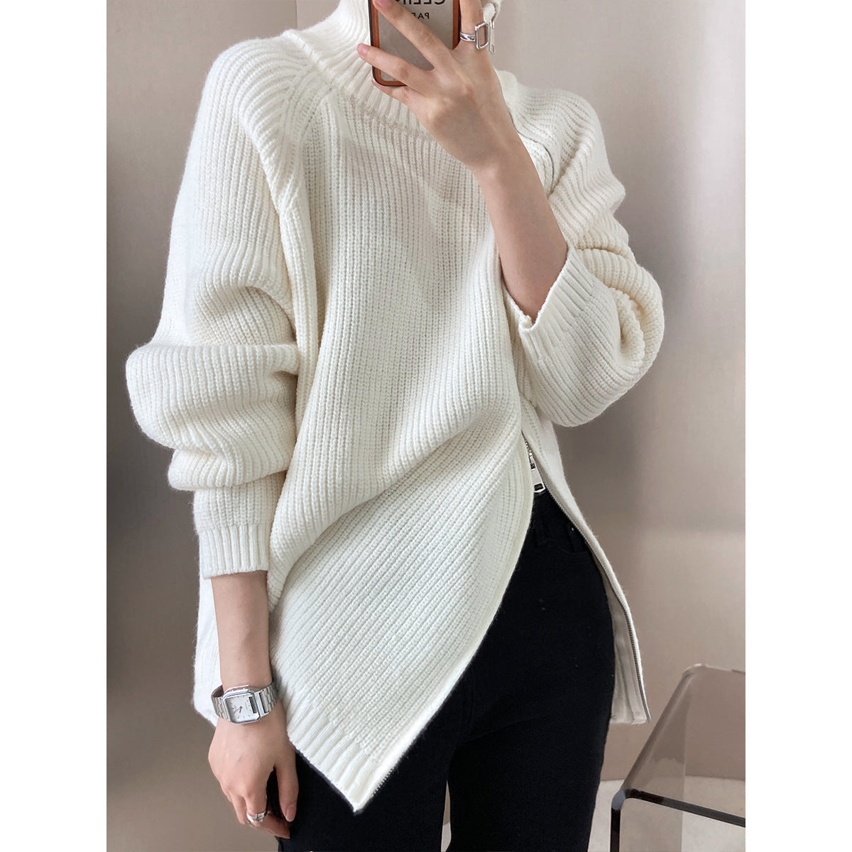 Damen lässiger Strickpullover mit seitlichem Reißverschluss und hohem Kragen R&B