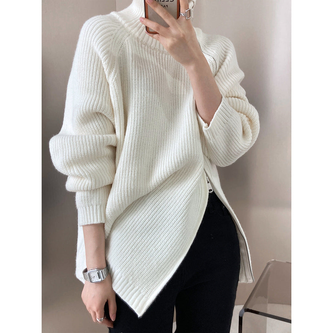R&B | Strickpullover Wollmischung Übergröße Passform Hoher Kragen Reißverschlussdetail