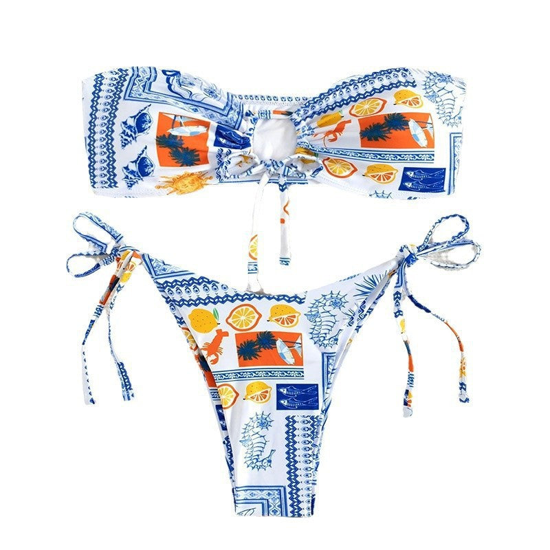 Damen Bandeau-Bikini mit verspieltem Muster und anpassbarem Bindesystem R&B
