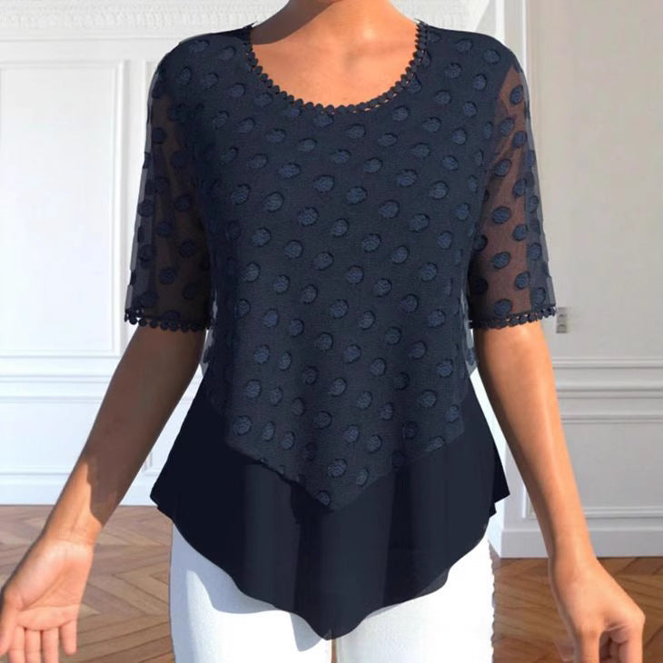 Damen nan Tüllbluse mit bestickten Punkten, halbtransparenten Ärmeln und asymmetrischem Stufensaum R&B