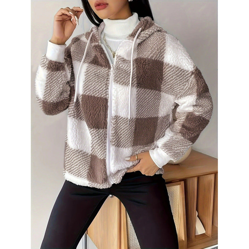 R&B | Cardiganjacke mit Kapuze, Reißverschlusstür, fluffig, Sherpa, entspannter Schnitt, kariertes Muster