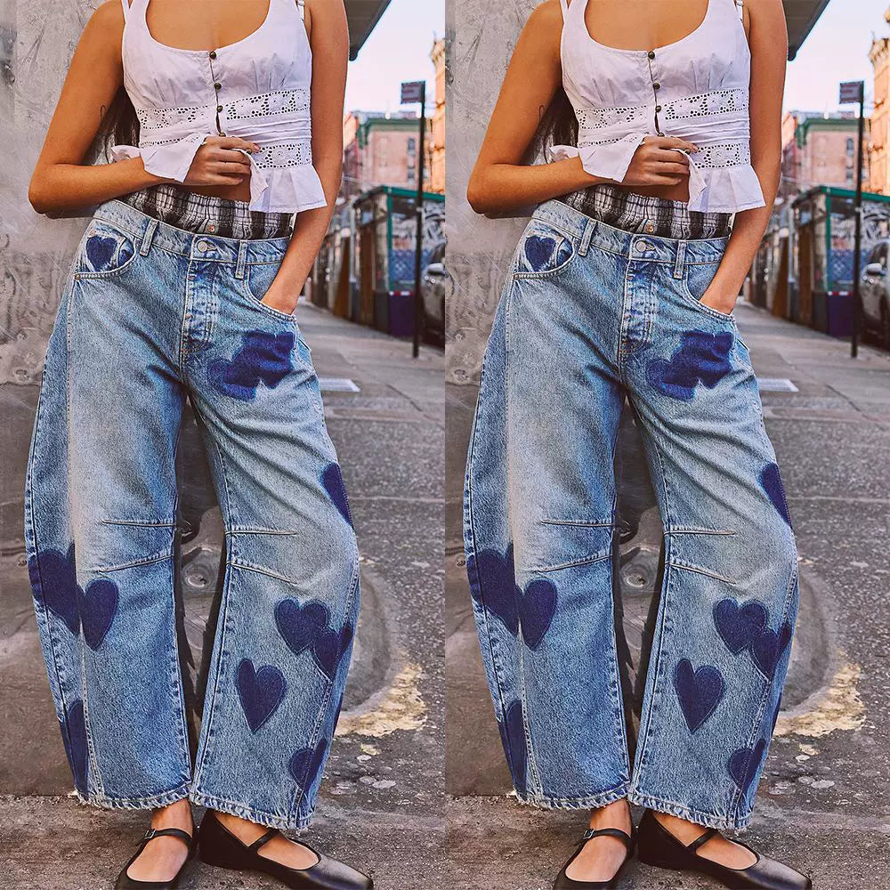 Damen Verspielte Herz-Sprayprint Denim Baggy-Jeans
