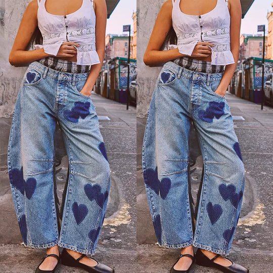 Damen Verspielte Herz-Sprayprint Denim Baggy-Jeans