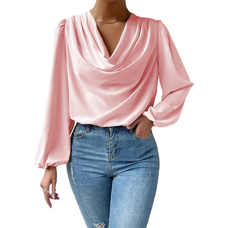 Damen elegante Bluse mit asymmetrischem Halsansatz und langen Ärmeln R&B