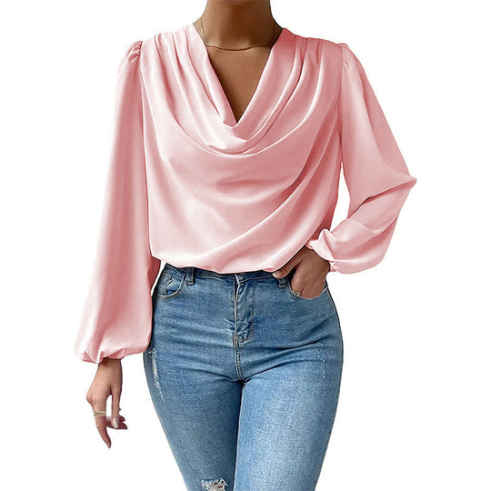 Damen elegante Bluse mit asymmetrischem Halsansatz und langen Ärmeln R&B