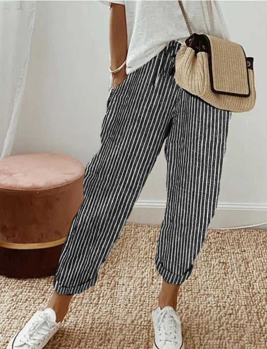 Damen lässige Streifenhose mit elastischem Bund und praktischen Eingrifftaschen R&B