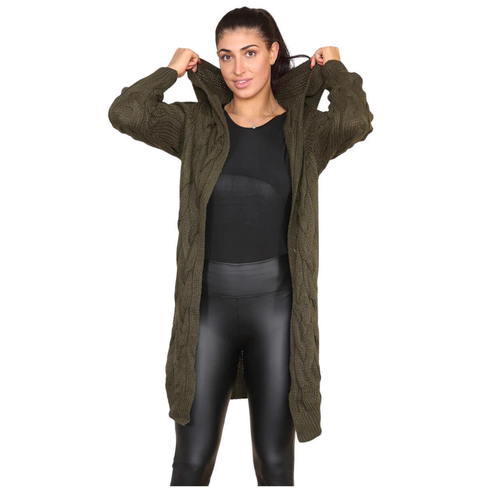 Damen Langer Strickmantel mit elegantem Zopfmuster und Kapuze R&B