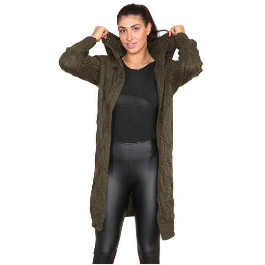 Damen Langer Strickmantel mit elegantem Zopfmuster und Kapuze R&B