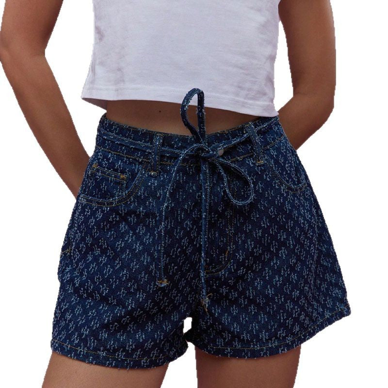 Damen Jeansshorts mit verstellbarem Kordelzug und modischem Muster R&B