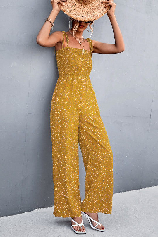 Damen luftiger Jumpsuit mit Spaghetti-Trägern und verspieltem Punktemuster R&B