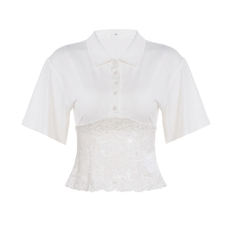 Damen elegantes Kurzarmhemd mit Spitzenbesatz R&B