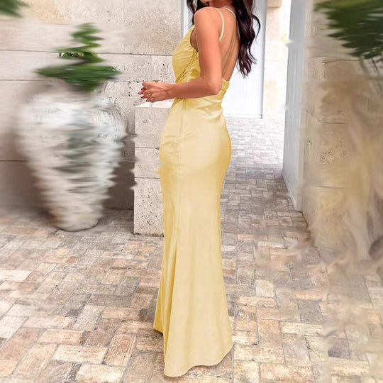 Damen Elegantes Satin-Maxikleid mit asymmetrischem Träger und raffinierten Rüschendetails R&B