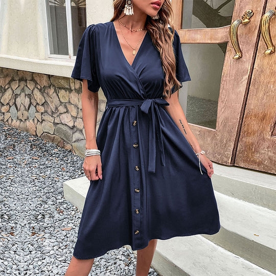Damen Midi-Kleid mit eleganter Wickeloptik und praktischen Knopfdetails R&B