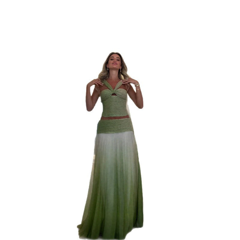 Damen schickes Maxikleid mit geflochtenem Oberteil und fließendem Rock R&B