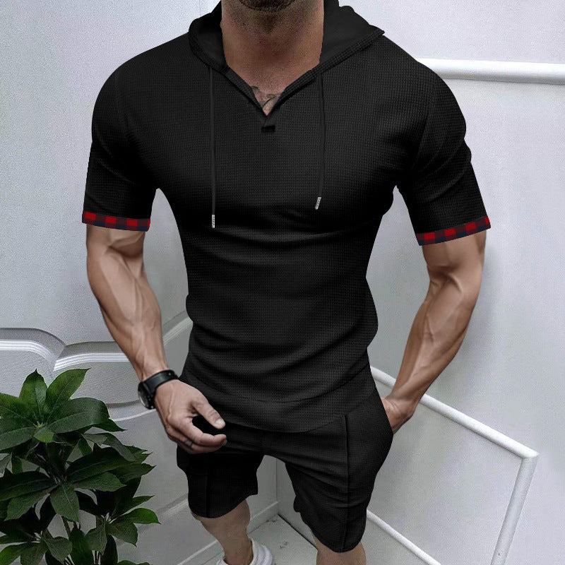 Herren nan sommerliches Kapuzen-Lounge-Set in leichter Waffelstruktur mit Kurzarm-Hoodie Henley-Öffnung und Komfort-Shorts R&B