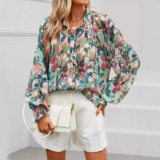 Damen Bluse mit kunstvollem Druck und geschöpften Ärmeln R&B