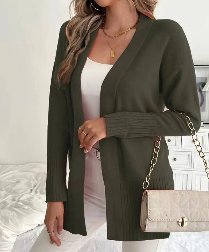 Damen Langer Strickcardigan mit feinen Rippdetails und lässigem Schnitt R&B