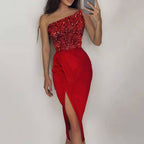 Damen Abendkleid mit asymmetrischem Ausschnitt und Pailletten