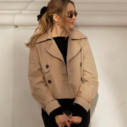 Damen modische Cropped-Trenchjacke mit doppelter Knopfleiste und verstellbaren Ärmeln R&B
