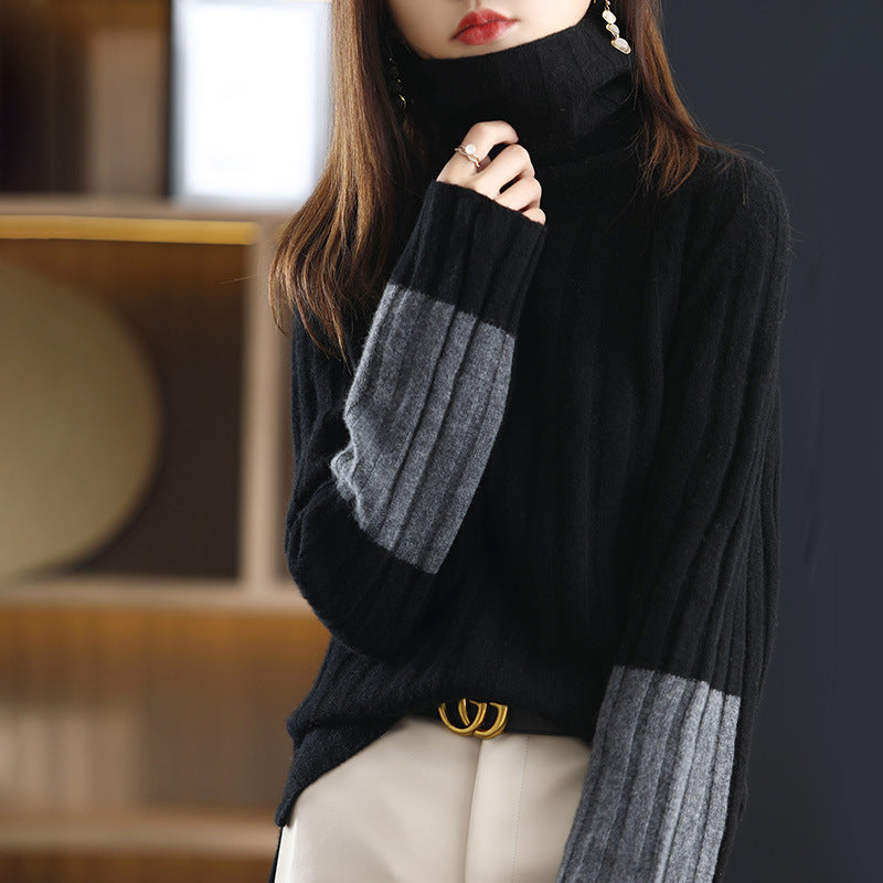 Damen Grob gestrickter Rollkragenpullover mit modischem Streifenmuster R&B