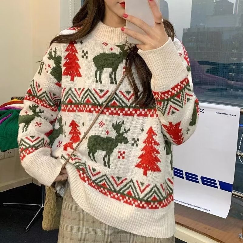 Damen Grobstrickpullover mit festlichem Rentier-Motiv und Rundhalsausschnitt R&B