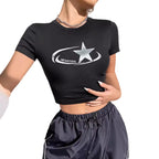 Damen Crop-T-Shirt mit glänzendem Sternmotiv und figurbetontem Schnitt R&B