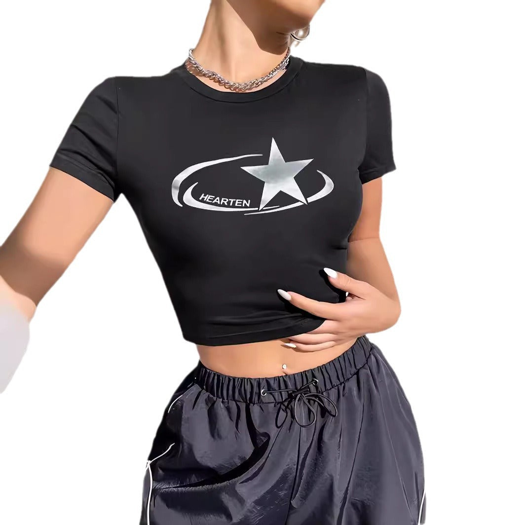 Damen Crop-T-Shirt mit glänzendem Sternmotiv und figurbetontem Schnitt R&B