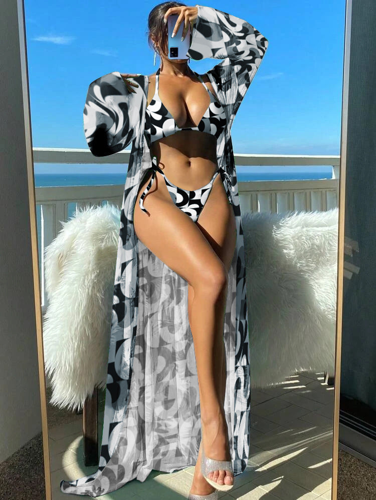 Damen Bikini-Set mit transparentem Kaftan und floralem Design R&B