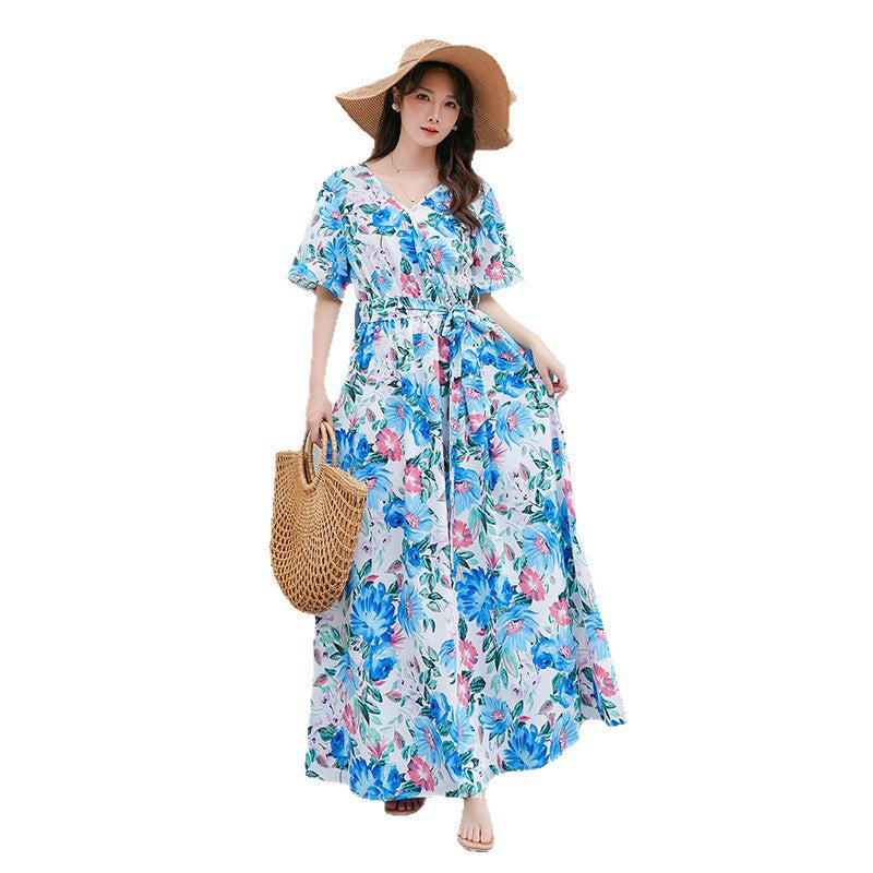 Damen Maxikleid mit eleganter Taille und floralen Akzenten R&B