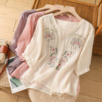 Damen Blusenshirt mit floralem Stickdesign und knöpfbarem Ausschnitt R&B