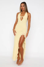 Damen Maxi-Kleid mit Halterneck und asymmetrischen Rüschendetails R&B