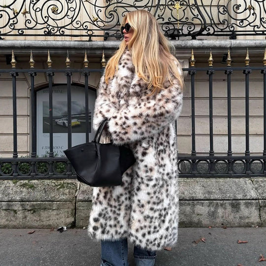 Damen Kunstpelz Mantel mit elegantem Leopardenmuster R&B