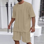 Herren nan entspanntes Zopfstrick-Freizeitset mit weitem Kurzarmshirt und elastischer Bermuda R&B